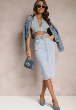 Jasnoniebieska Jeansowa Spódnica Ołówkowa Midi z Guzikami i Rozcięciem Jackiesa
