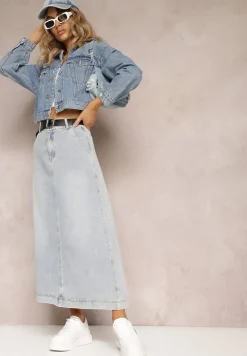 Jasnoniebieska Jeansowa Spódnica Maxi o Rozkloszowanym Kroju z Paskiem Teviva