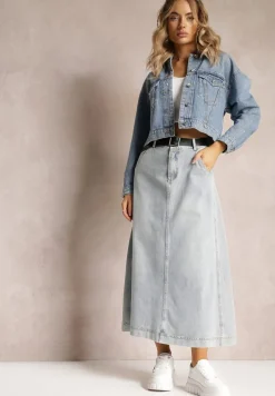 Jasnoniebieska Jeansowa Spódnica Maxi o Rozkloszowanym Kroju z Paskiem Teviva