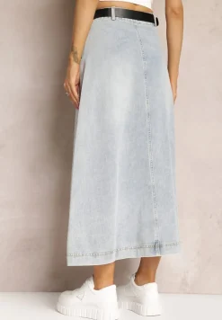 Jasnoniebieska Jeansowa Spódnica Maxi o Rozkloszowanym Kroju z Paskiem Teviva