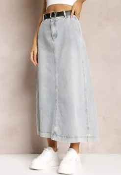 Jasnoniebieska Jeansowa Spódnica Maxi o Rozkloszowanym Kroju z Paskiem Teviva