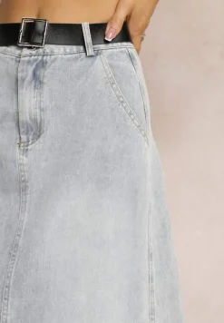 Jasnoniebieska Jeansowa Spódnica Maxi o Rozkloszowanym Kroju z Paskiem Teviva