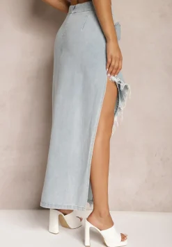 Jasnoniebieska Jeansowa Spódnica z Bawełny High Waist o Asymetrycznym Kroju z Falbanką i Kwiatem Savidia