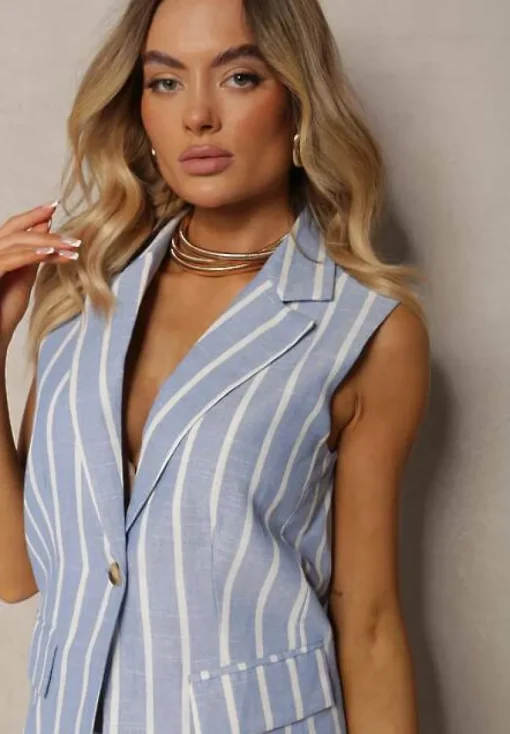 Jasnoniebieska Kamizelka Zapinana na Guzik w Pionowe Paski Vikilla