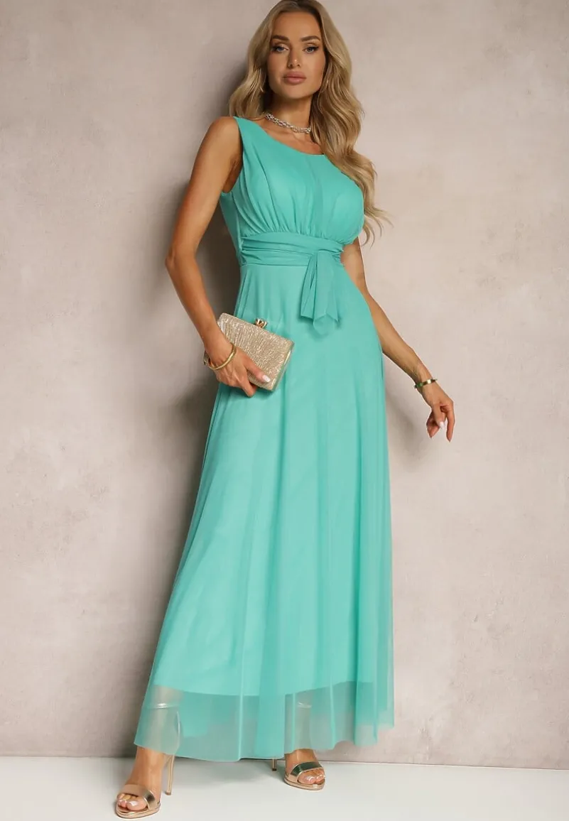 Jasnoniebieska Koktajlowa Sukienka z Tiulowym Dołem Bez Rękawów Elastar