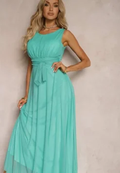 Jasnoniebieska Koktajlowa Sukienka z Tiulowym Dołem Bez Rękawów Elastar