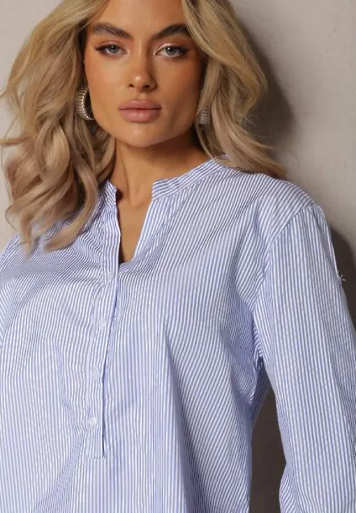 Jasnoniebieska Koszula z Bawełny o Luźnym Kroju w Paski z Guziczkami Konolla