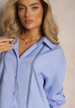 Jasnoniebieska Koszula z Bawełny w Drobne Paski z Ozdobną Taśmą Ażurową Elvora