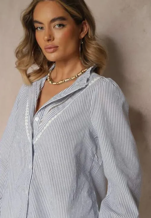 Jasnoniebieska Koszula z Bawełną Ozdobione Paskami i Falbanką Arririnea