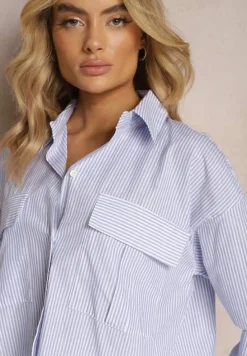 Jasnoniebieska Krótka Koszula w Paski z Kieszeniami Buella