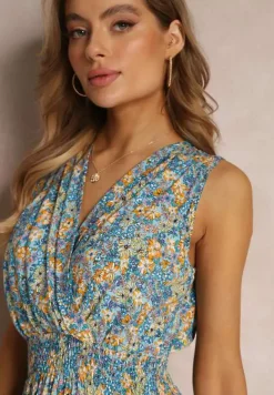 Jasnoniebieska Kwiecista Sukienka Midi z Wiskozy Bez Rękawów z Gumkami w Talii Sarunna