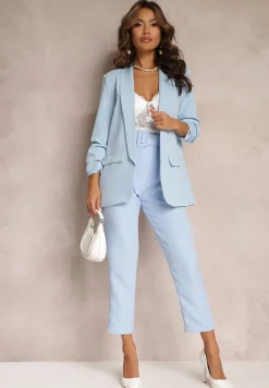 Jasnoniebieska Marynarka Niezapinana z Marszczonymi Rękawami Orolea