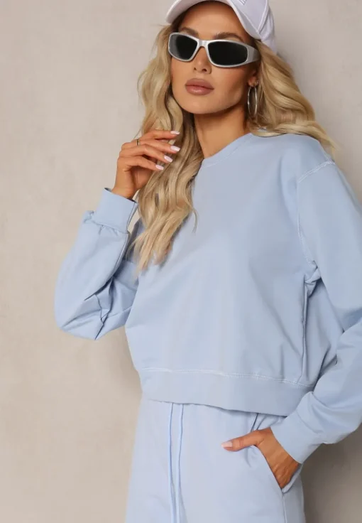 Jasnoniebieska Oversize Bluza z Bawełny o Krótkim Fasonie Sibolla