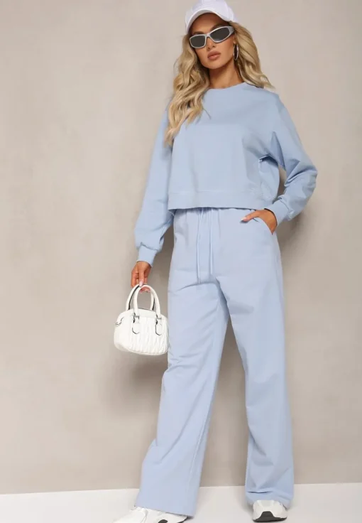 Jasnoniebieska Oversize Bluza z Bawełny o Krótkim Fasonie Sibolla