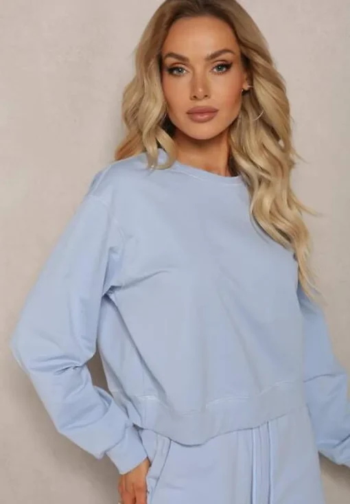 Jasnoniebieska Oversize Bluza z Bawełny o Krótkim Fasonie Sibolla