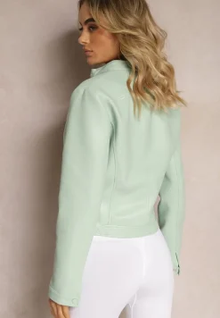 Jasnoniebieska Ramoneska Kurtka z Ekoskóry Zapinana przy Szyi z Suwakiem Aiqa