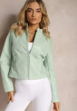 Jasnoniebieska Ramoneska Kurtka z Ekoskóry Zapinana przy Szyi z Suwakiem Aiqa