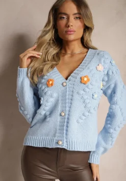 Jasnoniebieski Kardigan z Pomponami i Kwiatkami 3D w Stylu Retro Terilaya