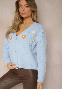 Jasnoniebieski Kardigan z Pomponami i Kwiatkami 3D w Stylu Retro Terilaya