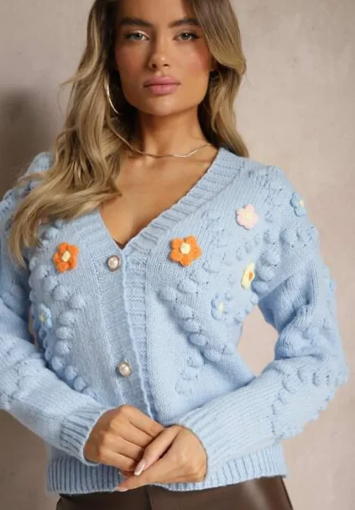 Jasnoniebieski Kardigan z Pomponami i Kwiatkami 3D w Stylu Retro Terilaya