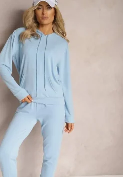Jasnoniebieski Klasyczny Komplet Dresowy z Bluzą Kangurką i Spodniami Typu Jogger Salevia