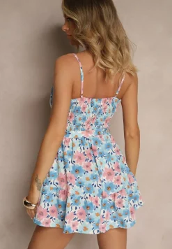 Jasnoniebieski Kombinezon w Kwiatowy Print z Wiązanym Paskiem na Ramiączkach Linessa