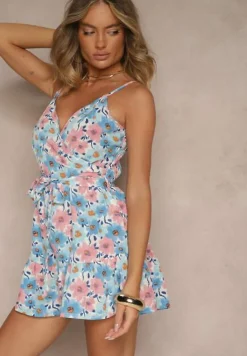 Jasnoniebieski Kombinezon w Kwiatowy Print z Wiązanym Paskiem na Ramiączkach Linessa