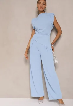 Jasnoniebieski Komplet Bluzka z Poduszkami w Ramionach i Proste Spodnie z Gumką w Pasie Divanes