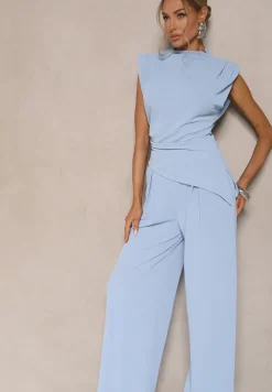 Jasnoniebieski Komplet Bluzka z Poduszkami w Ramionach i Proste Spodnie z Gumką w Pasie Divanes