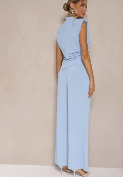 Jasnoniebieski Komplet Bluzka z Poduszkami w Ramionach i Proste Spodnie z Gumką w Pasie Divanes