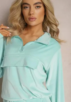 Jasnoniebieski Komplet Dresowy Welurowy z Kieszeniami z Klapami Bluza i Spodnie Amarillis