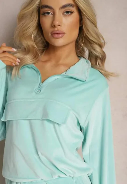 Jasnoniebieski Komplet Dresowy Welurowy z Kieszeniami z Klapami Bluza i Spodnie Amarillis