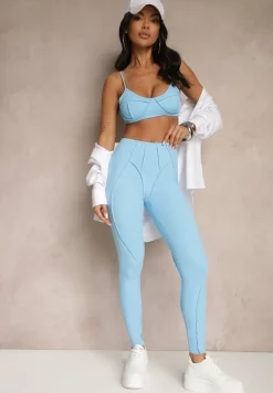 Jasnoniebieski Komplet Sportowy Zdobiony Przeszyciami Legginsy i Top Filaranea