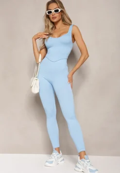 Jasnoniebieski Komplet Sportowy w Prążki Top na Ramiączkach i Legginsy High Waist Izralia
