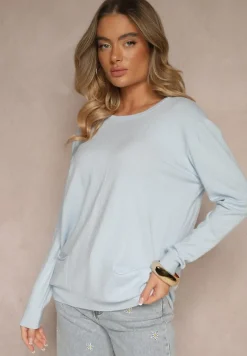 Jasnoniebieski Sweter z Kaszmirem Ozdobiony Kieszeniami Saniswena