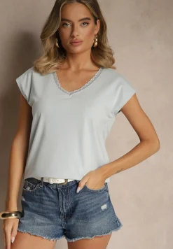 Jasnoniebieski T-shirt z Bawełny Ozdobiony Koronką Ralienne
