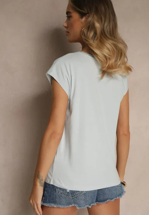 Jasnoniebieski T-shirt z Bawełny Ozdobiony Koronką Ralienne