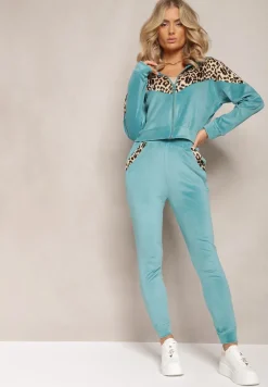 Jasnoniebieski Welurowy Komplet Dresowy 2-Częściowy z Animal Print Bluza i Spodnie Atisilva