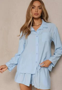 Jasnoniebieski Wiskozowy Komplet Koszula i Szorty Luźne Efrone