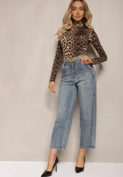 Jasnoniebieskie Bawełniane Jeansy High Waist o Kroju Boyfriend z Dodatkowym Paskiem Attenise