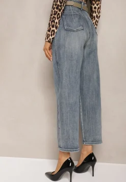 Jasnoniebieskie Bawełniane Jeansy High Waist o Kroju Boyfriend z Dodatkowym Paskiem Attenise