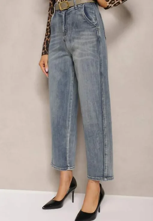 Jasnoniebieskie Bawełniane Jeansy High Waist o Kroju Boyfriend z Dodatkowym Paskiem Attenise