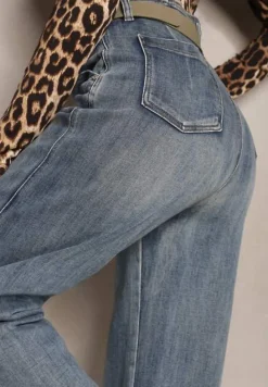 Jasnoniebieskie Bawełniane Jeansy High Waist o Kroju Boyfriend z Dodatkowym Paskiem Attenise