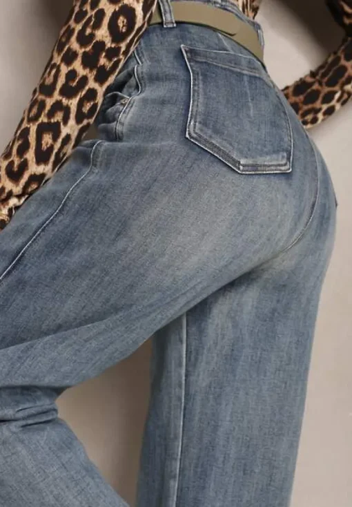 Jasnoniebieskie Bawełniane Jeansy High Waist o Kroju Boyfriend z Dodatkowym Paskiem Attenise
