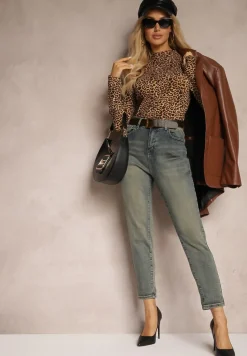 Jasnoniebieskie Bawełniane Jeansy Skinny High Waist Ozdobione Paskiem Ericia