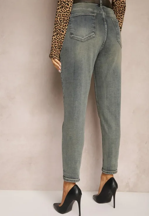 Jasnoniebieskie Bawełniane Jeansy Skinny High Waist Ozdobione Paskiem Ericia