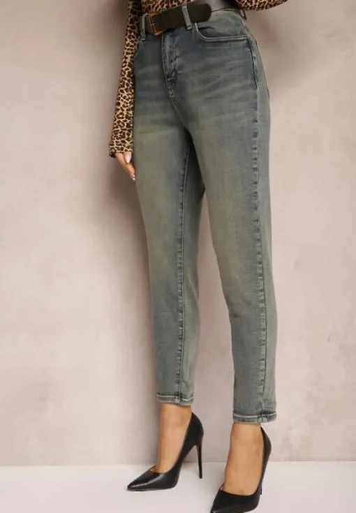 Jasnoniebieskie Bawełniane Jeansy Skinny High Waist Ozdobione Paskiem Ericia