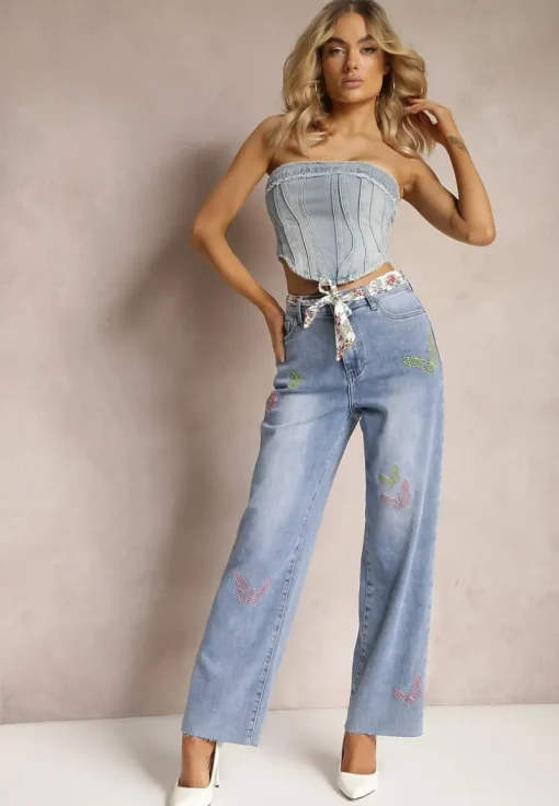 Jasnoniebieskie Bawełniane Jeansy High Waist o Szerokim Kroju z Paskiem i Haftami Kelisaria