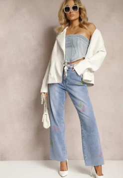 Jasnoniebieskie Bawełniane Jeansy High Waist o Szerokim Kroju z Paskiem i Haftami Kelisaria