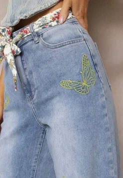 Jasnoniebieskie Bawełniane Jeansy High Waist o Szerokim Kroju z Paskiem i Haftami Kelisaria